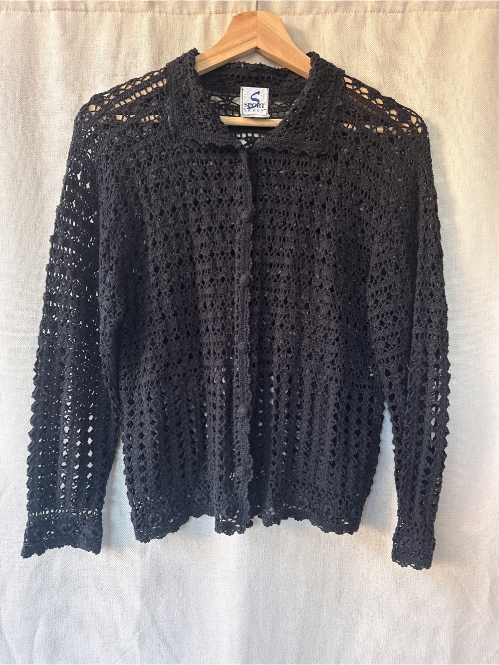 Savvy Black Crochet Openwork Button-Front Cardigan